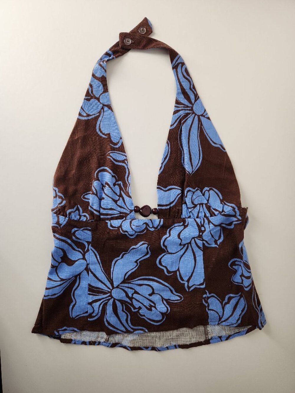 NWT Paper Heart linen blend retro brown blue floral tropical halter top beads L